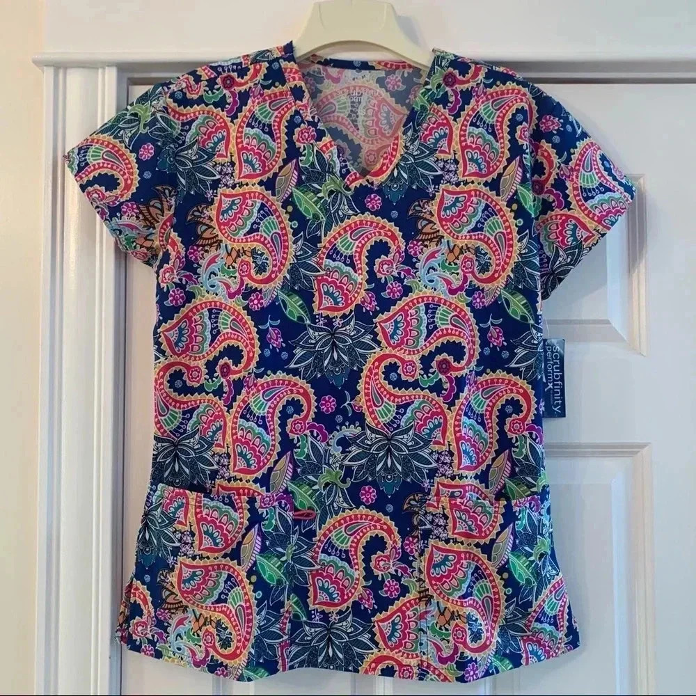 Scrubfinity Scrub Top XS Floral SCRUBS V-neck NWT Uniform Nurse Poly blend